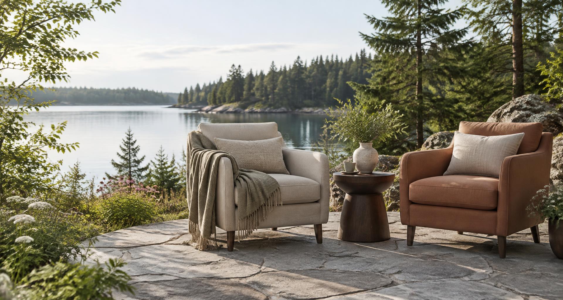 Two inviting armchairs and a small table beside a quiet lake surrounded by evergreen trees